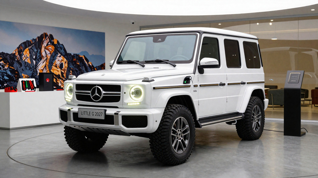 Carro Mercedes-Benz G-Class branco exibido numa sala de exposição moderna com luzes acesas.
