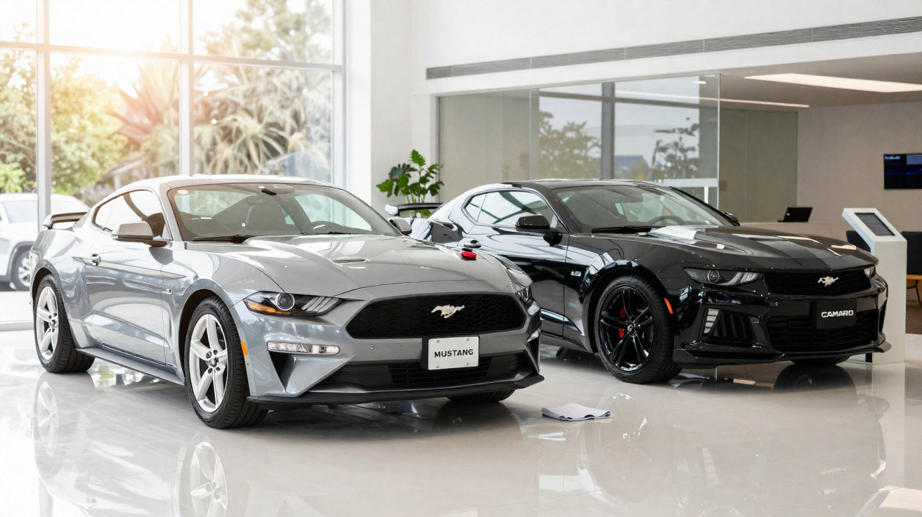 Dois carros esportivos, Mustang cinzento e Camaro preto, exibidos numa sala de exposição moderna e iluminada.