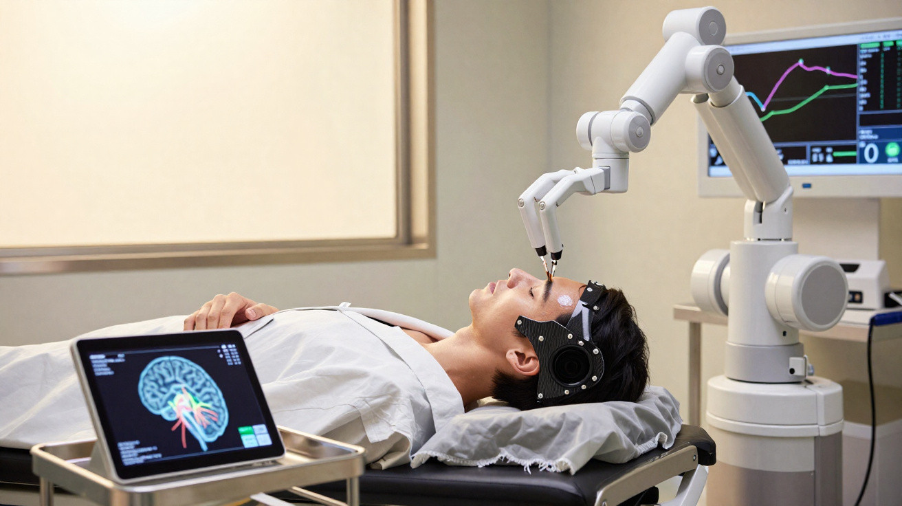 Paciente deitado a receber tratamento neurológico assistido por robô com monitor de cérebro e equipamento médico.