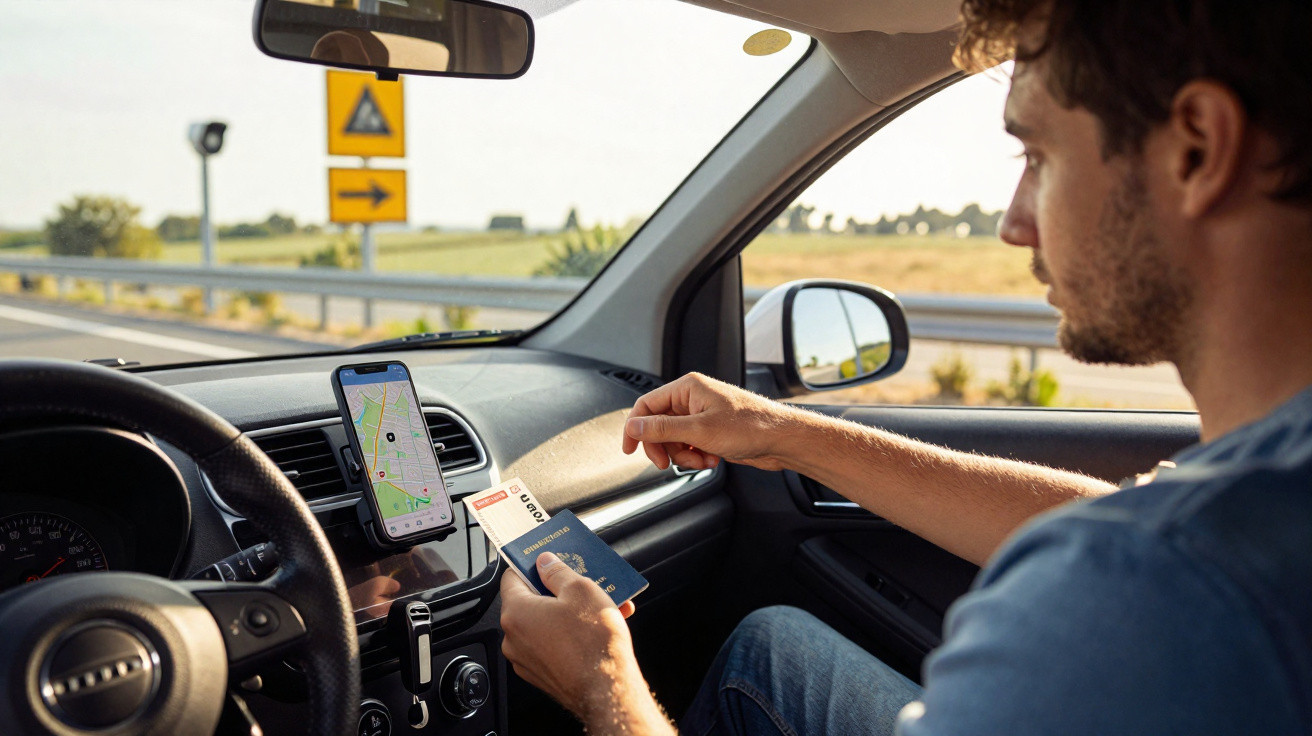 Homem no carro a consultar passaporte e bilhete de avião com GPS no telemóvel.