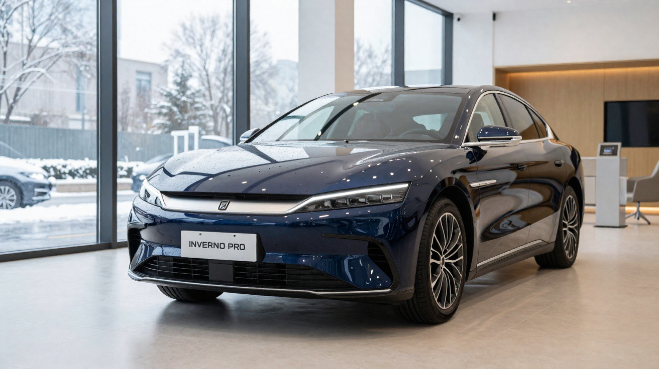 Carro elétrico azul escuro Inverno Pro exposto em sala com janelas grandes e neve do lado de fora.