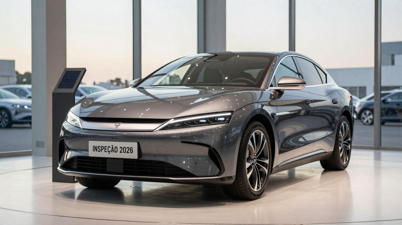 Carro elétrico moderno cinza brilhante exposto numa sala com janelas grandes e placa "Inspeção 2026".
