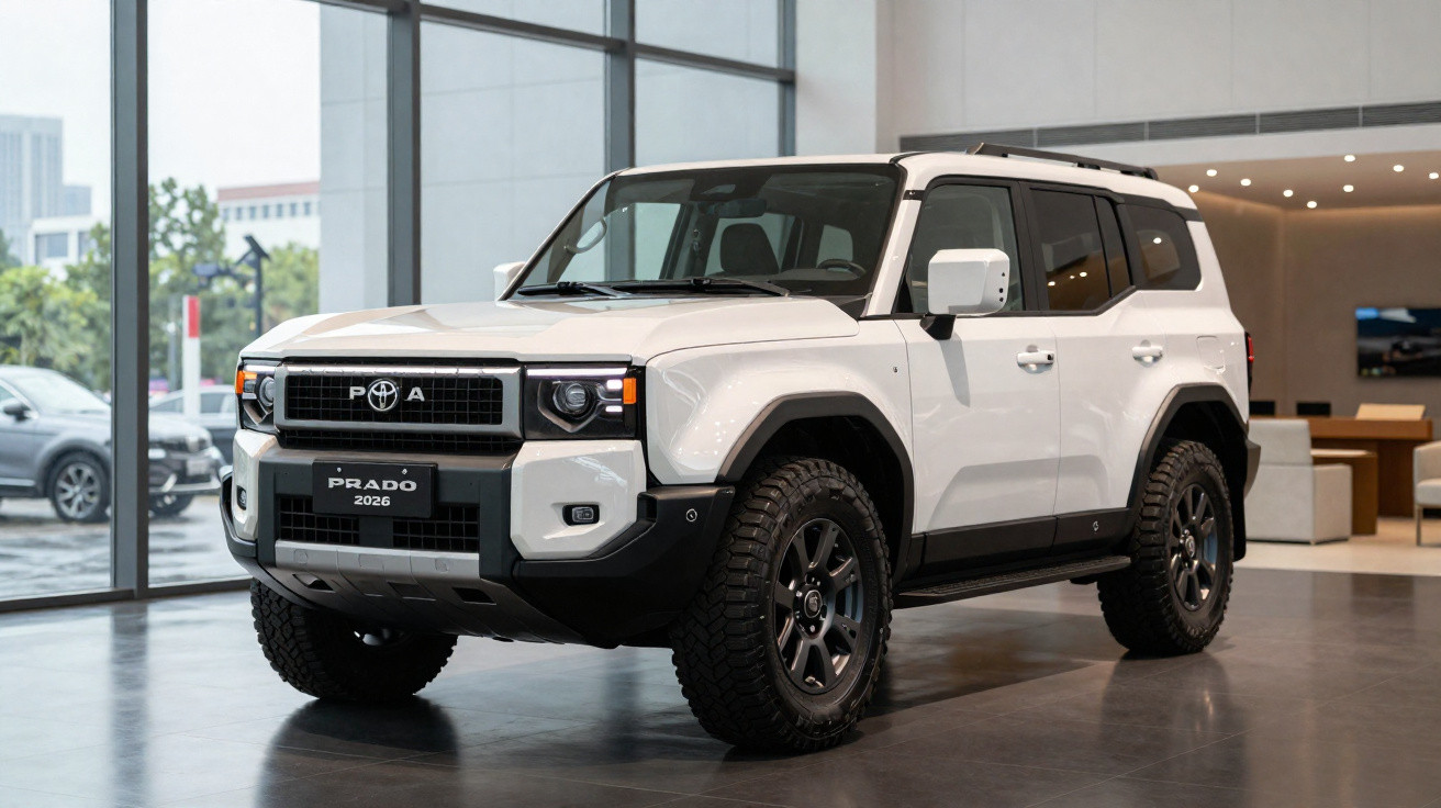 Toyota Prado 2026 branco em exposição numa sala moderna com janelas amplas.
