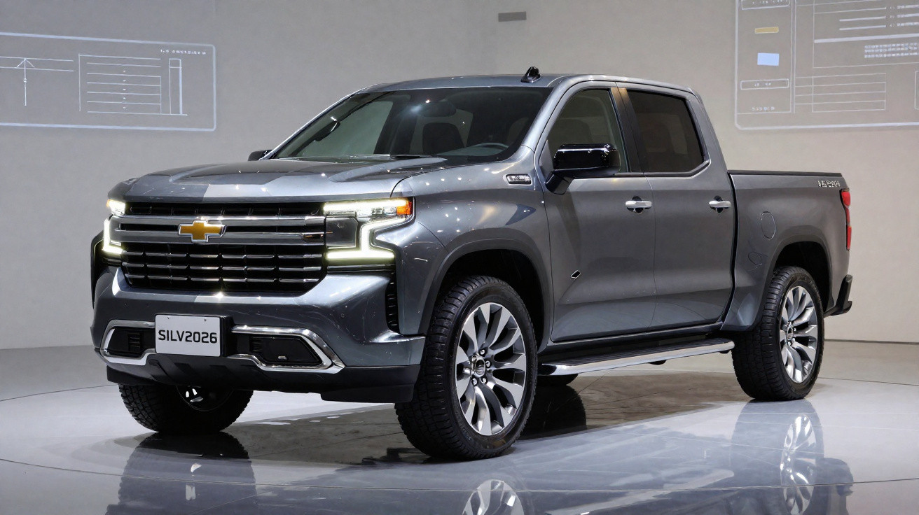 Pick-up cinzenta Chevrolet Silverado 2026 em exposição interior com luzes dianteiras acesas.
