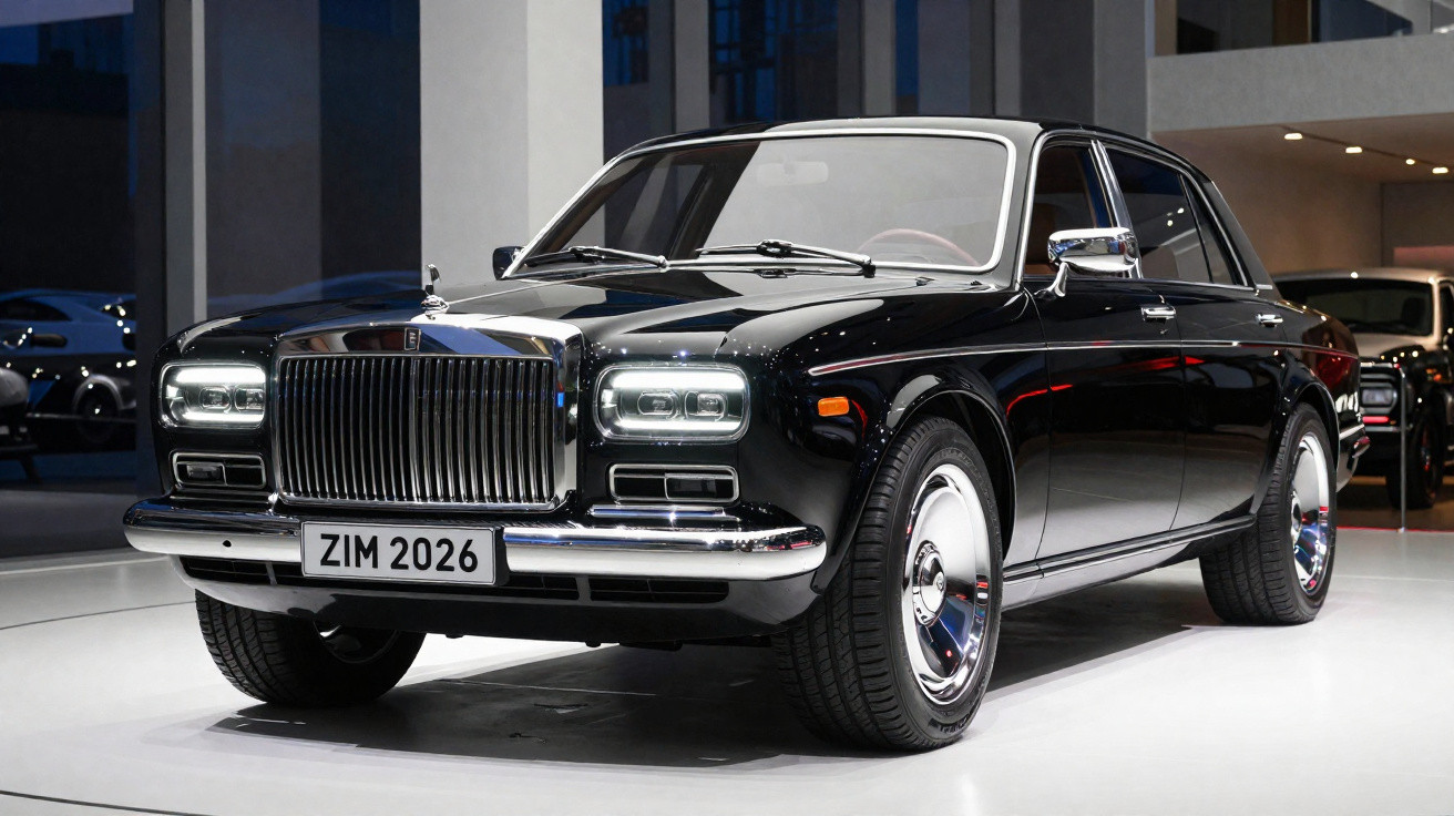Carro de luxo clássico preto com detalhes cromados exposto em espaço moderno interior.