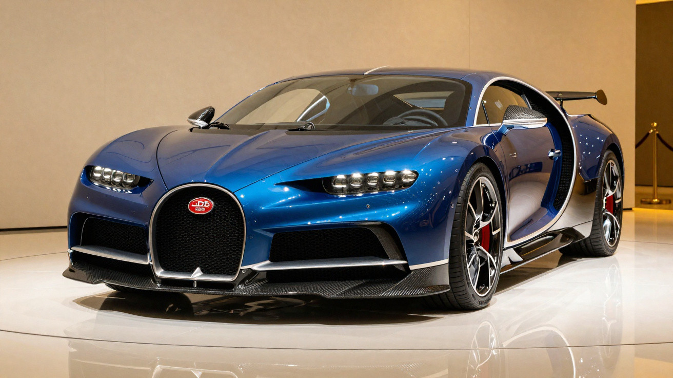 Carro desportivo Bugatti Chiron azul com linhas aerodinâmicas exibido em ambiente interior.