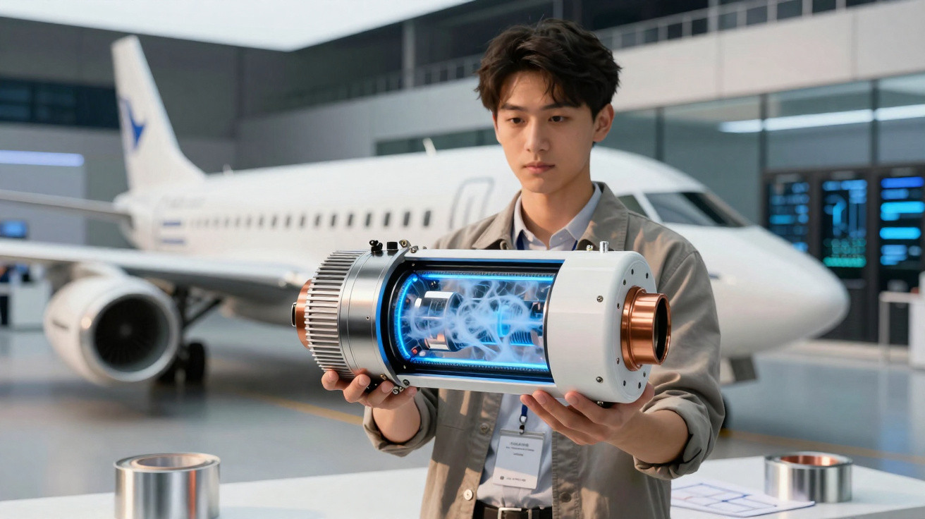 Jovem a segurar e examinar equipamento tecnológico azul translúcido numa fábrica com avião ao fundo.
