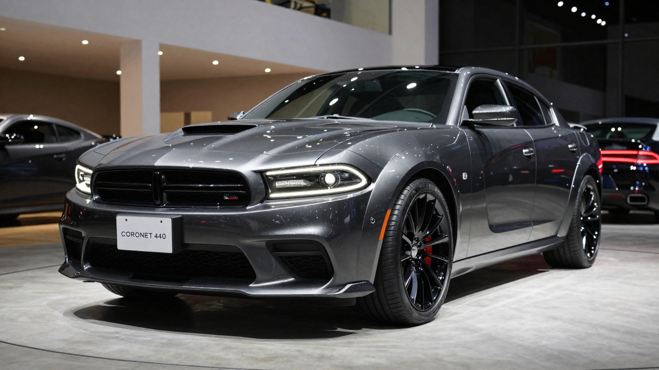 Carro desportivo cinzento Dodge Coronet 440 estacionado em showroom moderno com iluminação suave.
