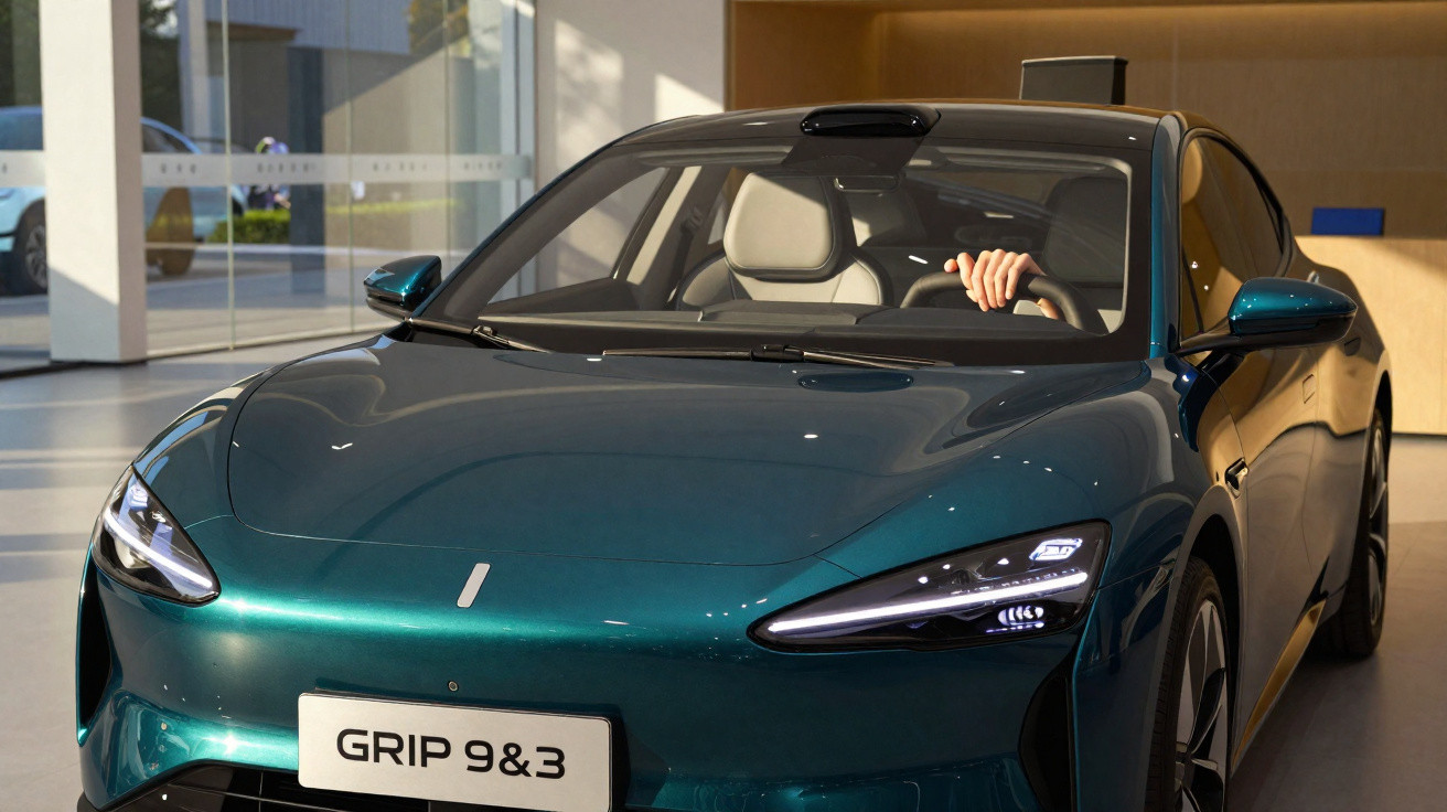 Automóvel elétrico verde metálico modelo GRIP 9&3 em exposição numa sala moderna.