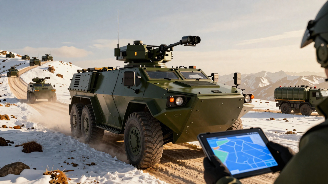 Veículos blindados militares em terreno montanhoso e nevado, com soldado a operar tablet de navegação.
