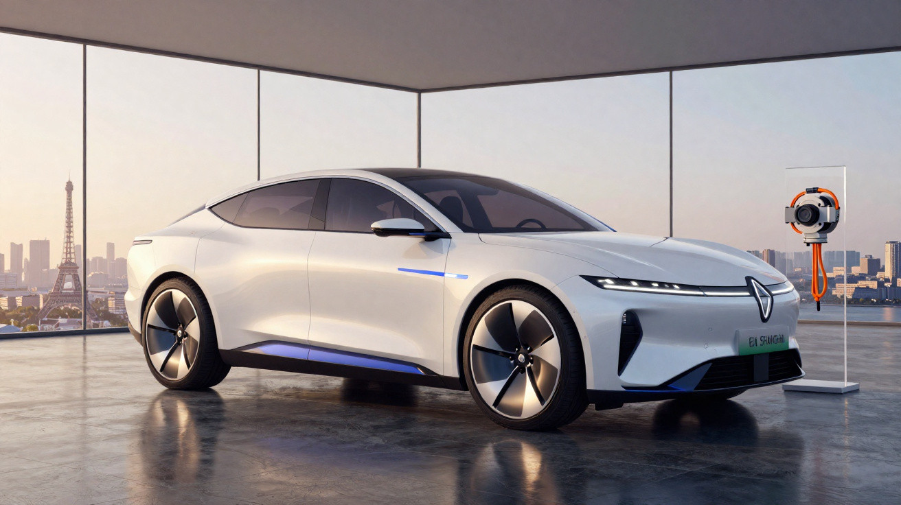 Carro elétrico branco futurista numa exposição interior com vista para a Torre Eiffel em Paris.