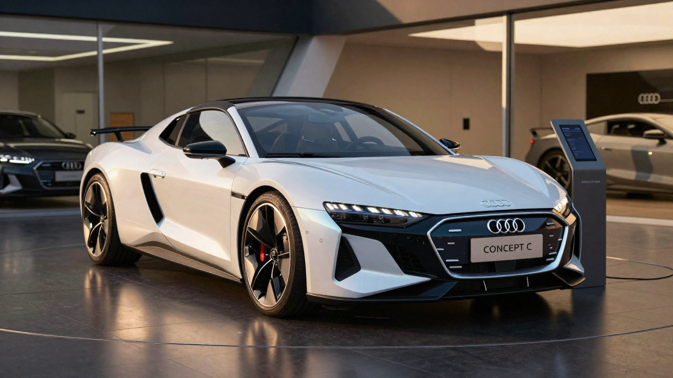 Carro desportivo branco Audi Concept C estacionado numa exposição interior moderna.