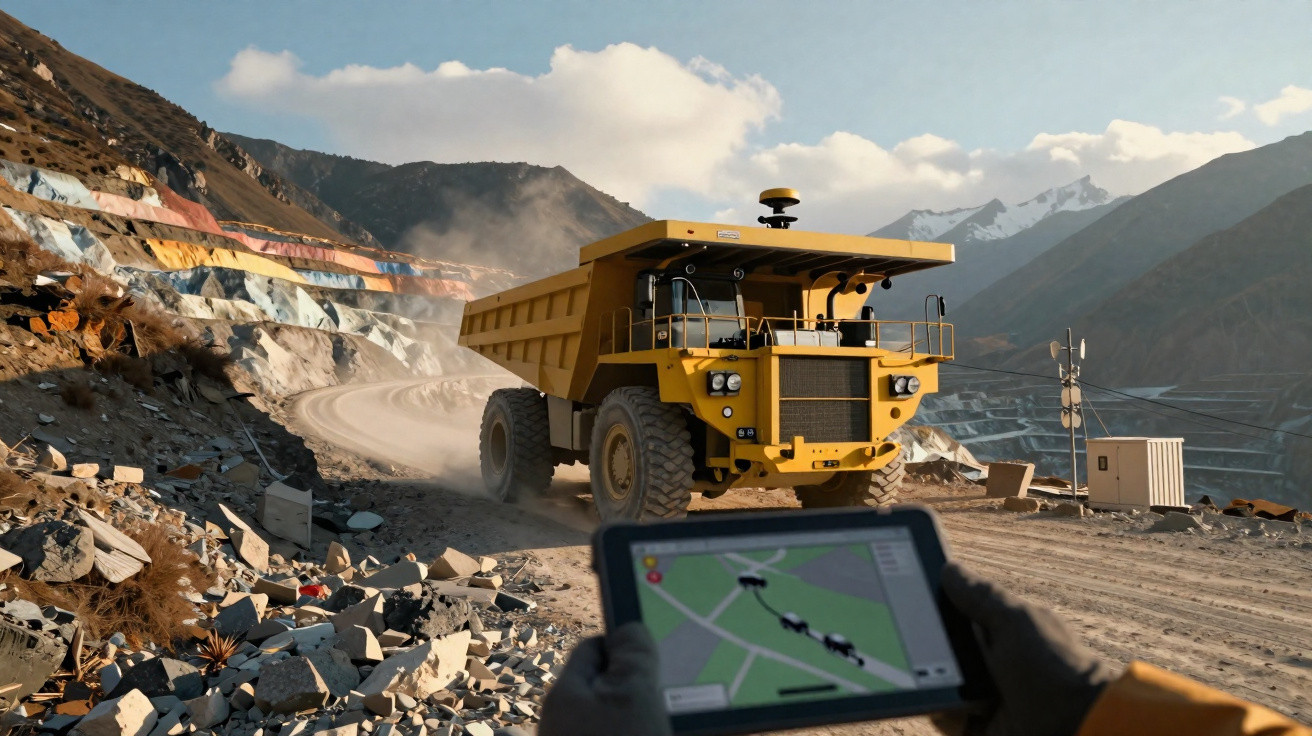 Caminhão amarelo de mineração em estrada de terra, com montanhas ao fundo e tablet a controlar a operação.
