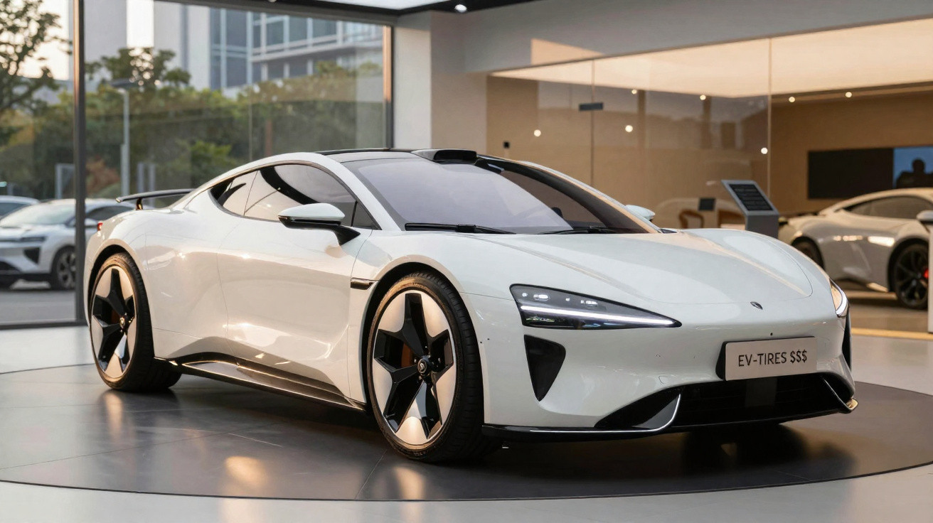 Carro elétrico desportivo branco em exposição numa sala moderna com vidros amplos.