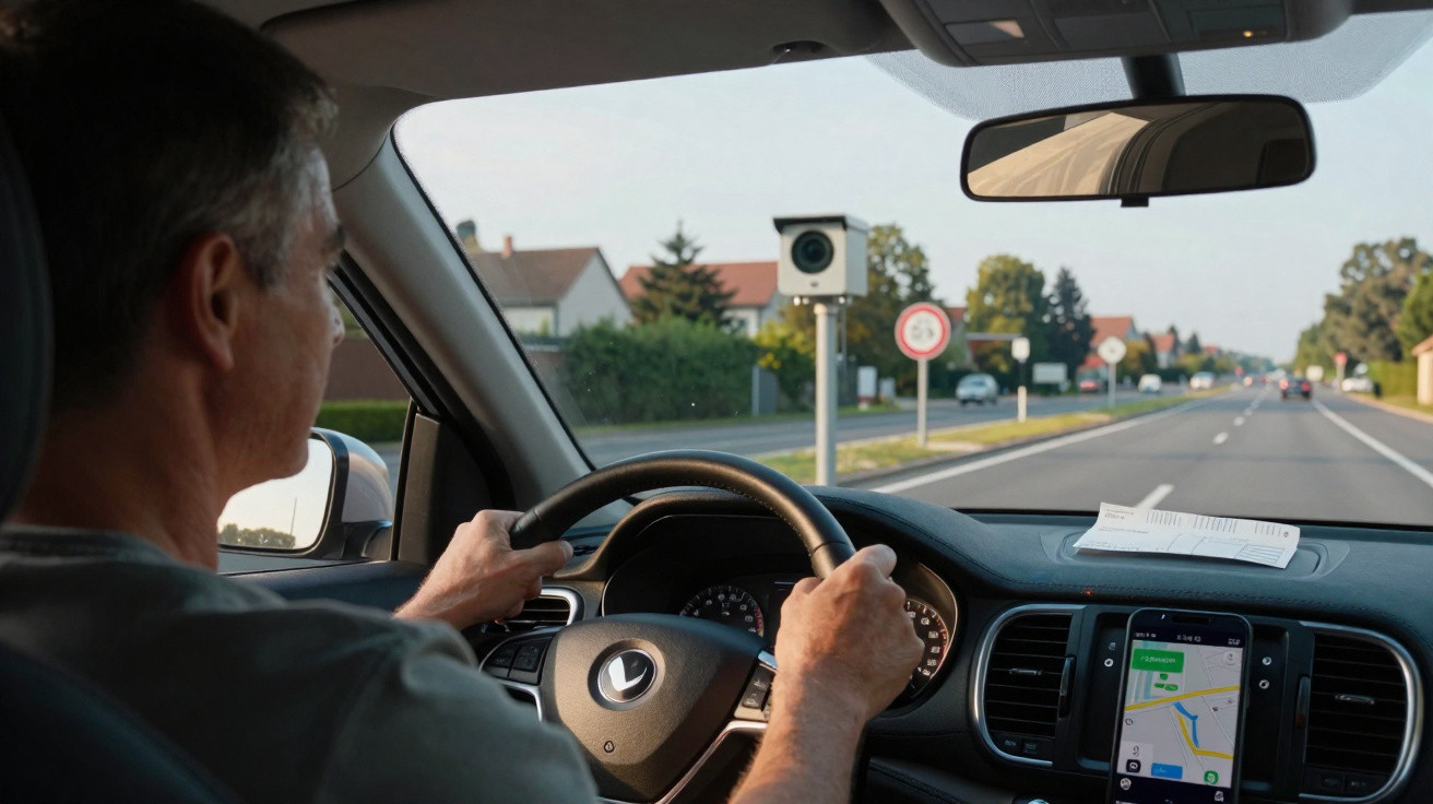 Condutor ao volante de carro a circular numa estrada com câmera de controlo de velocidade à frente.