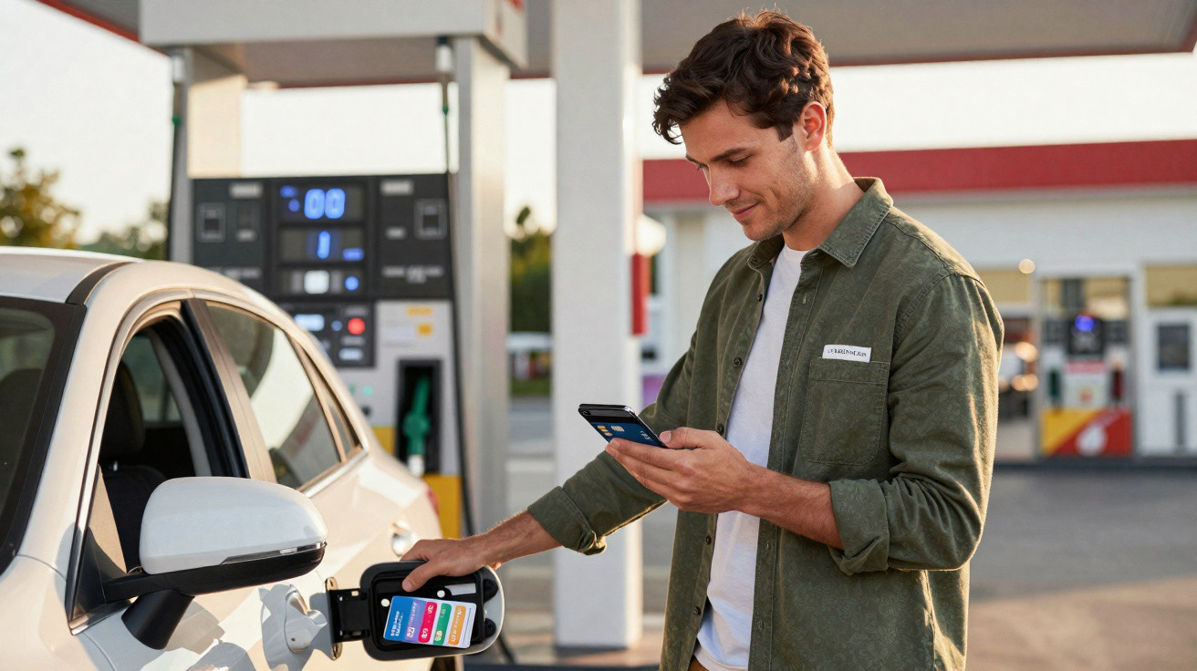 Homem a carregar carro elétrico numa estação de serviço enquanto usa o telemóvel.