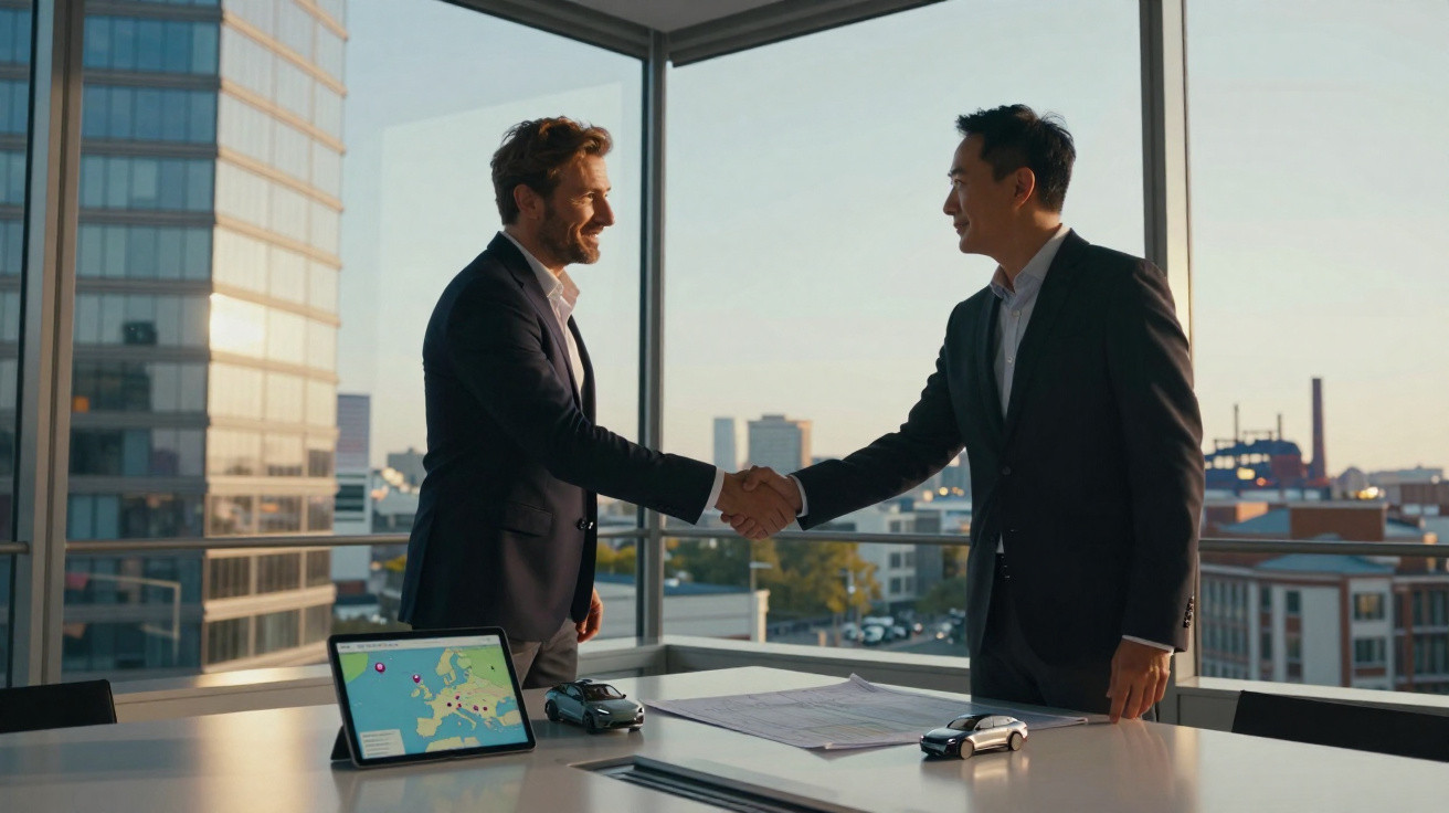Dois homens de negócios a cumprimentarem-se numa sala com vista para a cidade e dispositivo com mapa digital sobre a mesa.