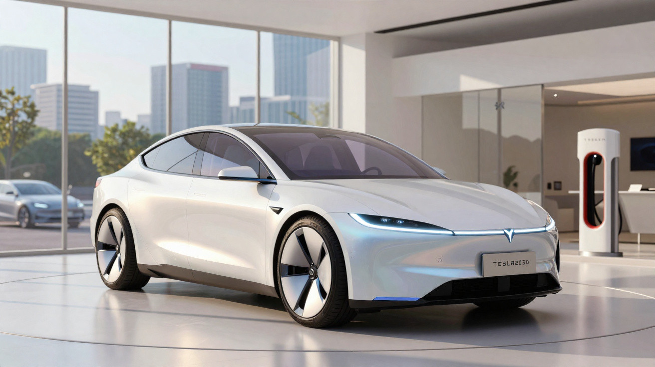 Carro elétrico Tesla branco exibido num showroom moderno com grandes janelas e carregador elétrico ao fundo.