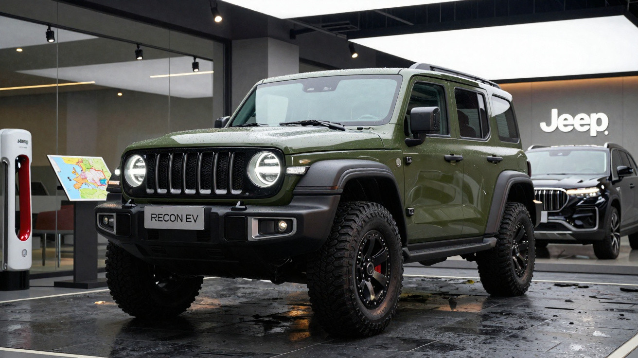 Jeep elétrico verde Recon EV estacionado em showroom moderno com outro carro ao fundo e posto de carregamento.