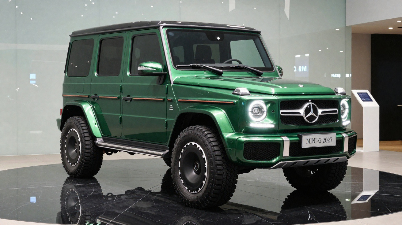 Carro SUV verde Mercedes-Benz com faróis acesos exposto em salão sobre plataforma giratória preta.