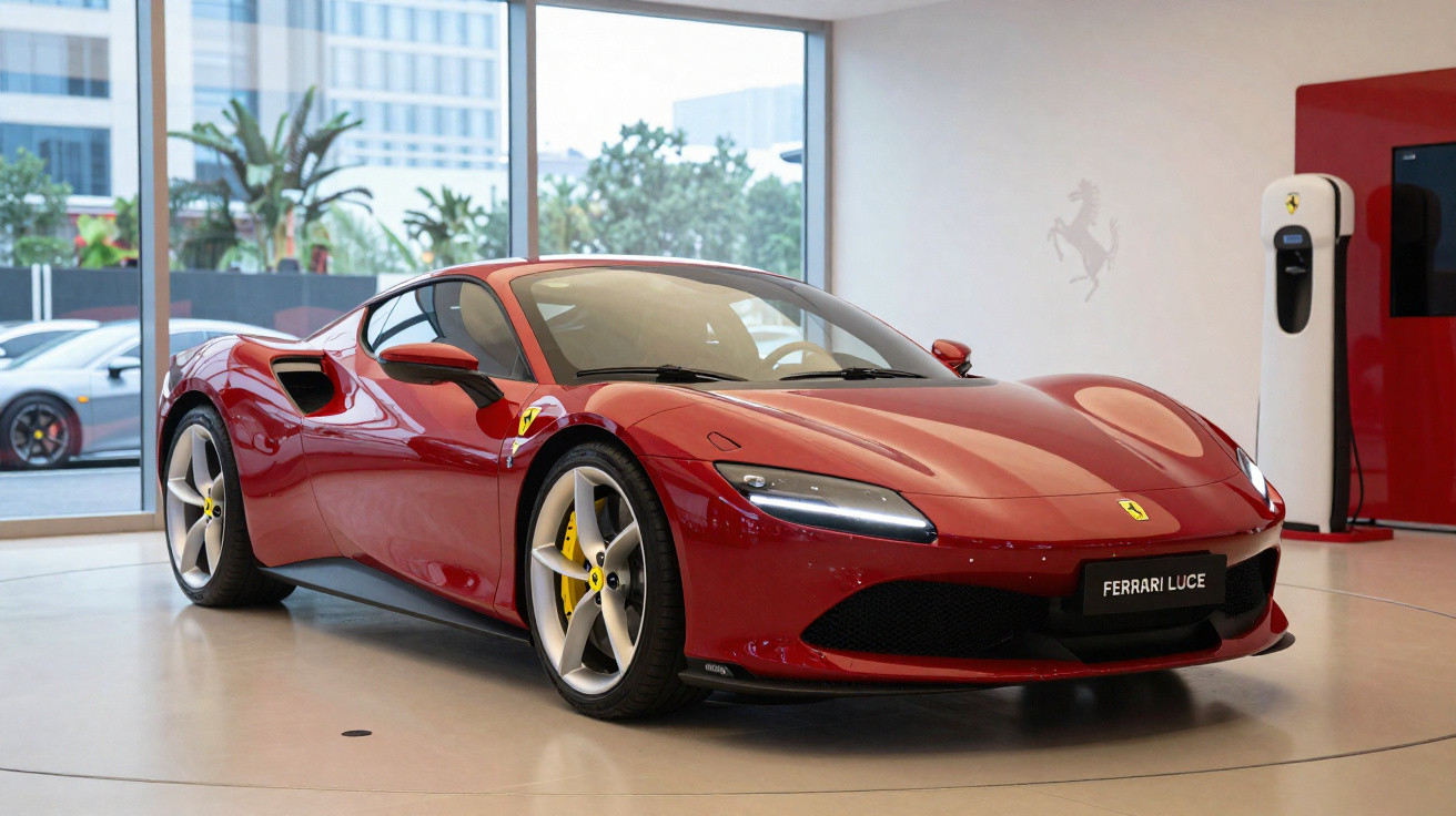 Ferrari vermelha desportiva exibida em showroom moderno com jantes prateadas e estofos bege.