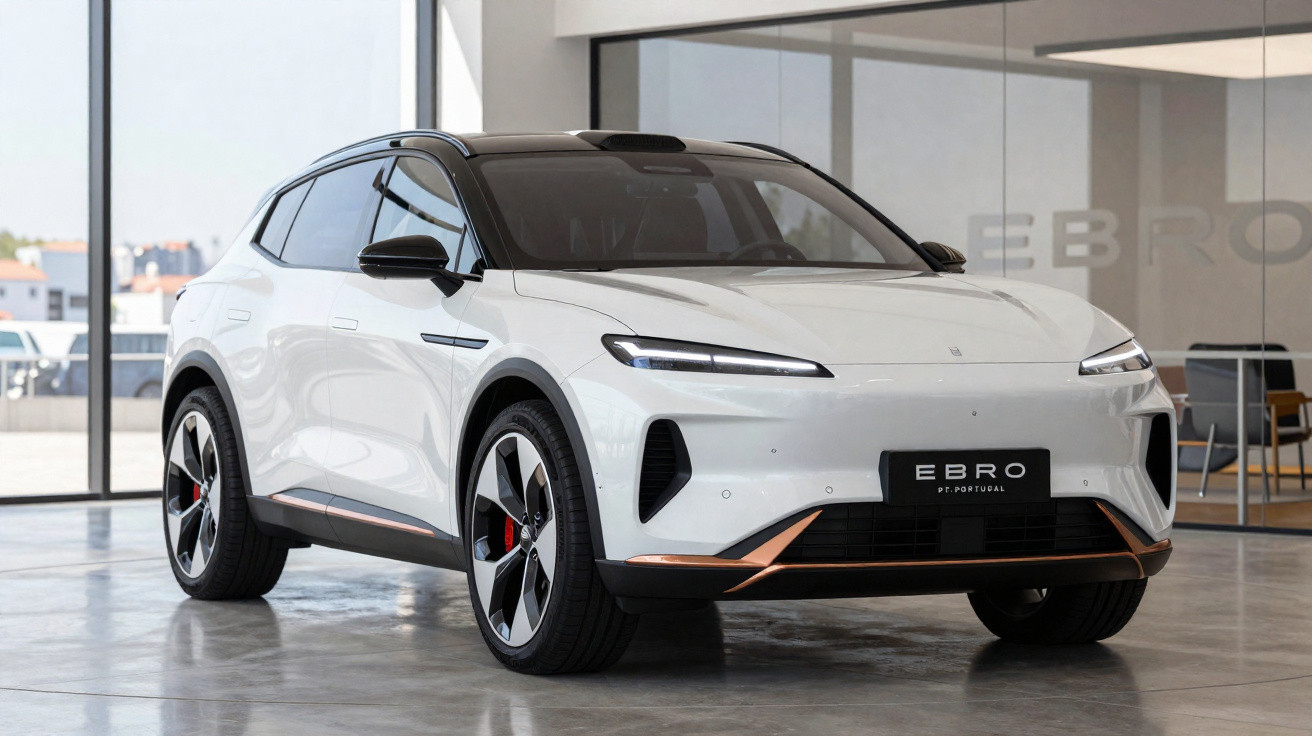 Carro elétrico branco EBRO estacionado em piso interior com janelas de vidro ao fundo.