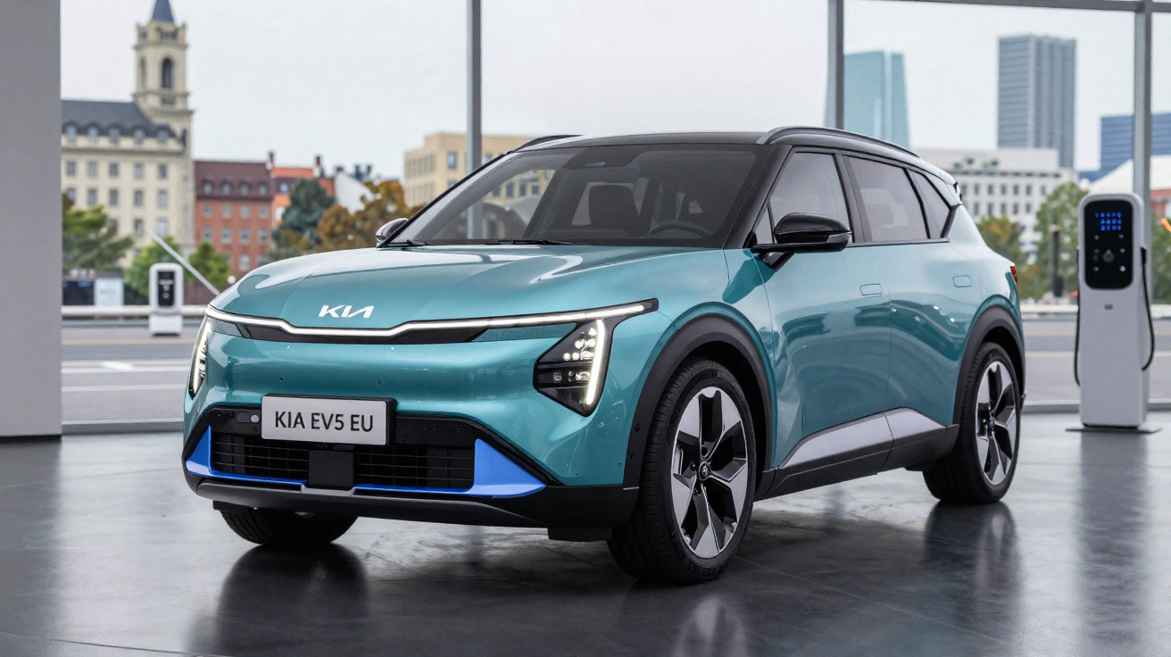 Carro elétrico Kia EV5 de cor azul e teto preto estacionado numa área urbana moderna.