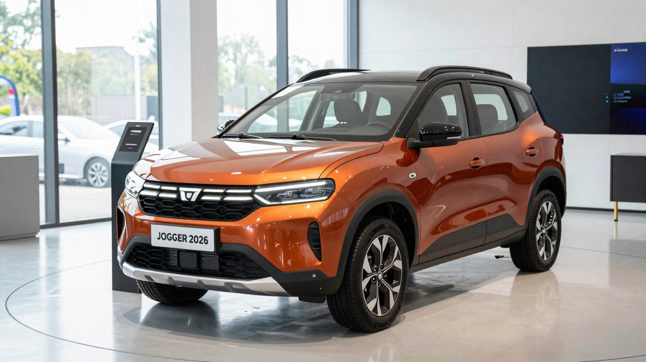 Carro SUV Jogger 2026 cor laranja exposto numa sala com grandes janelas e chão claro brilhante.