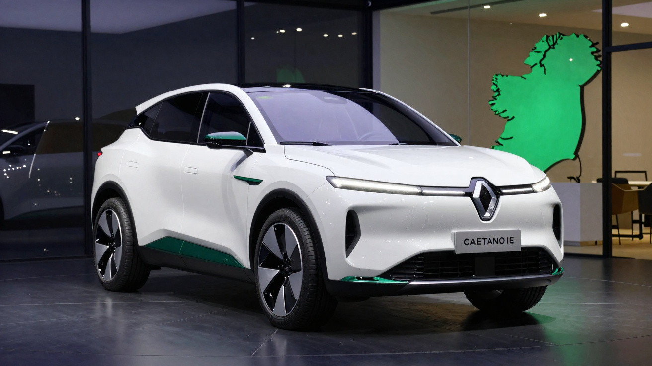 Carro elétrico branco Renault Caetano IE estacionado em ambiente interno com iluminação moderna.