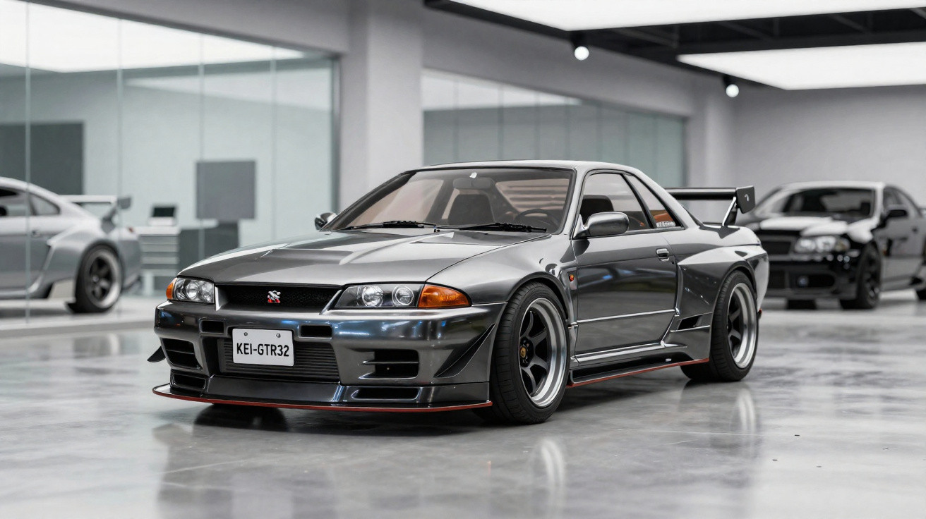 Carro desportivo cinzento Nissan Skyline GT-R R32 estacionado em garagem moderna com outros carros ao fundo.
