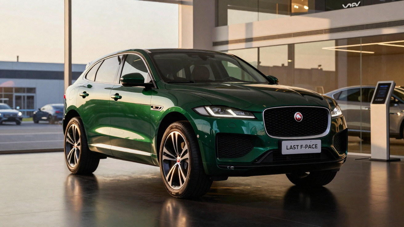 Carro Jaguar F-Pace verde escuro exposto numa concessionária com luz natural ao entardecer.