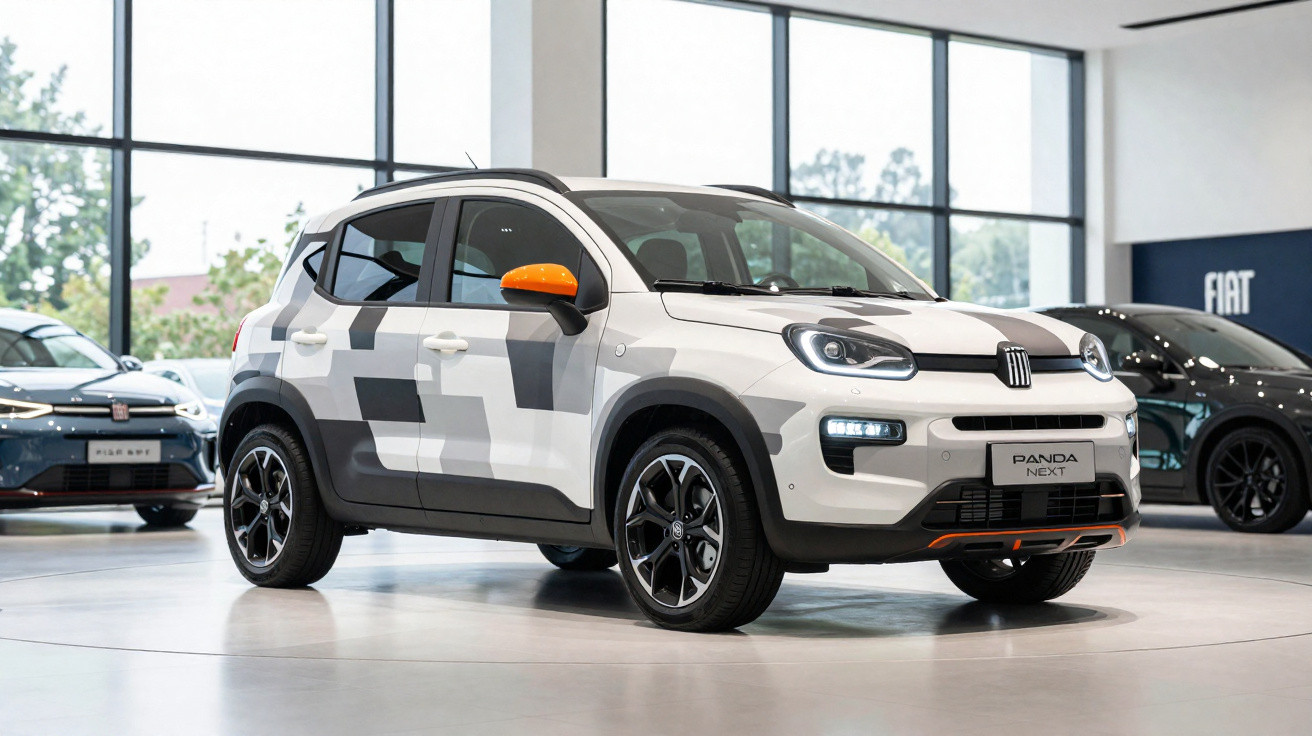 Fiat Panda Next branco com padrões cinzentos e retrovisores laranja numa exposição de carros.