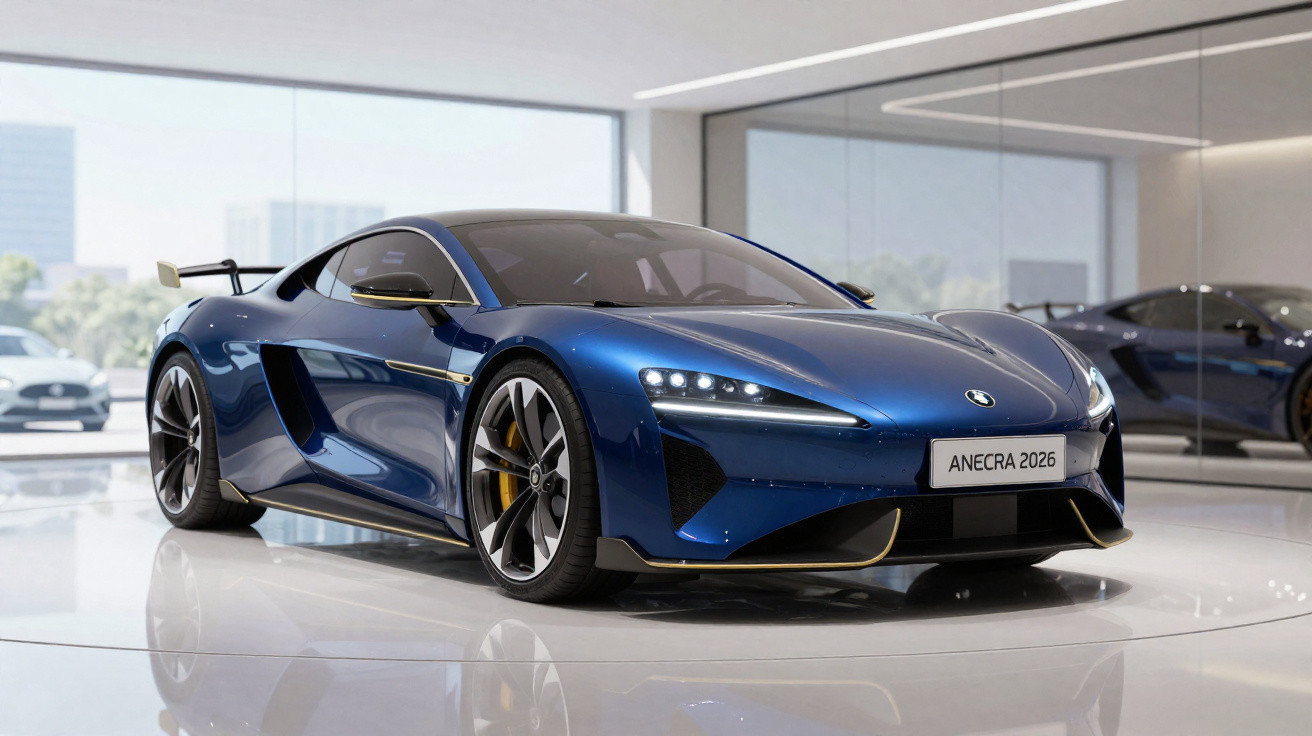 Carro desportivo azul metálico ANECRA 2026 exibido em showroom moderno com luz natural.