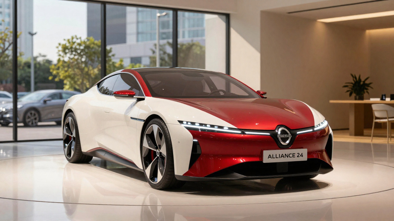 Carro desportivo elétrico Nissan Alliance 24 branco e vermelho em exposição numa sala moderna.