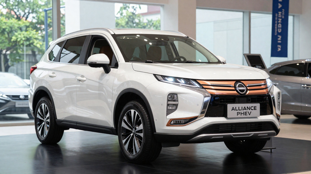 Carro SUV branco Mitsubishi Eclipse Cross Alliance PHEV exposto em salão automóvel moderno.