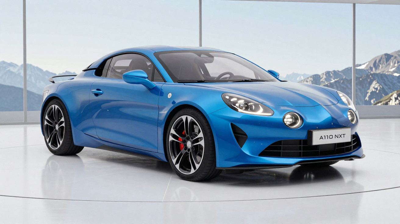 Carro desportivo azul Alpine A110 NXT estacionado em ambiente moderno com montanhas ao fundo.