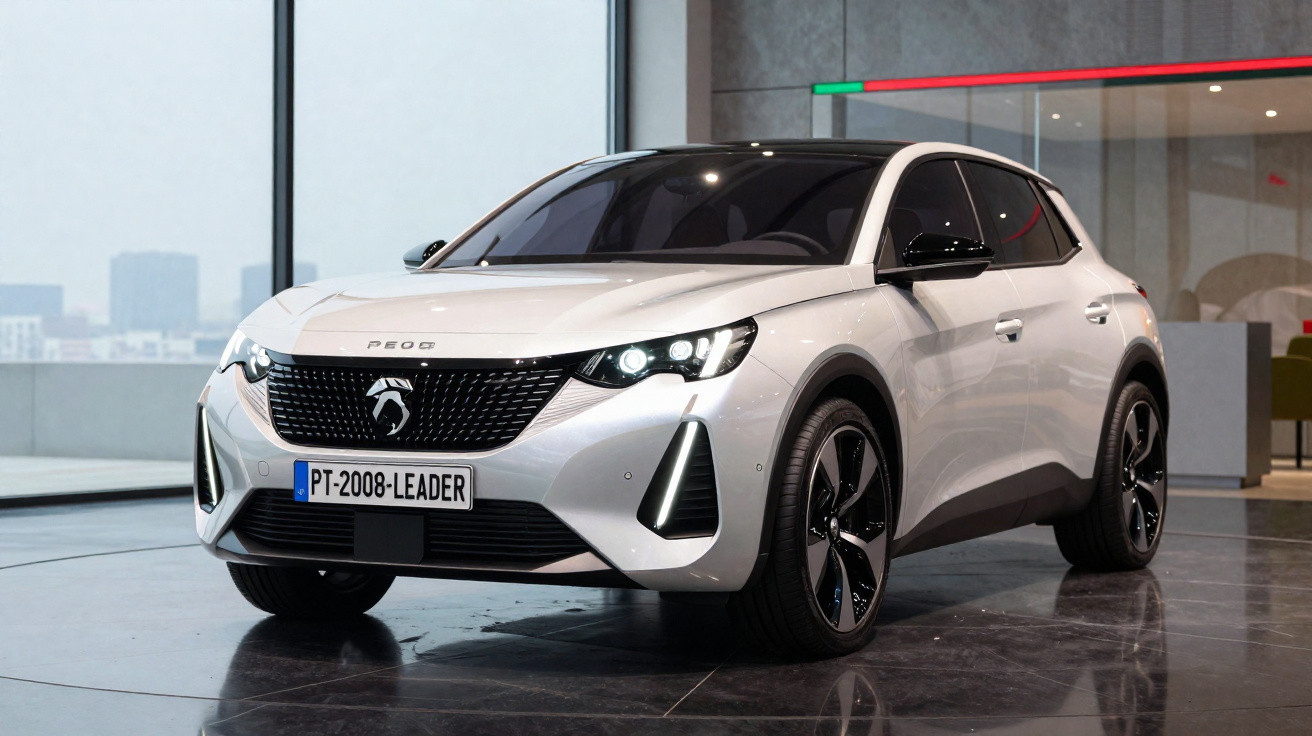 Automóvel branco PEUGEOT 2008 estacionado em showroom moderno com piso brilhante e janelas grandes.