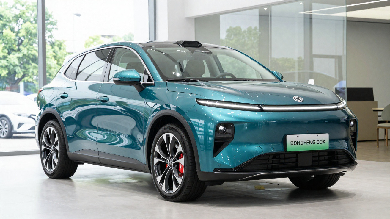 Carro elétrico SUV azul turquesa Dongfeng BOX exposto em showroom moderno com piso claro.
