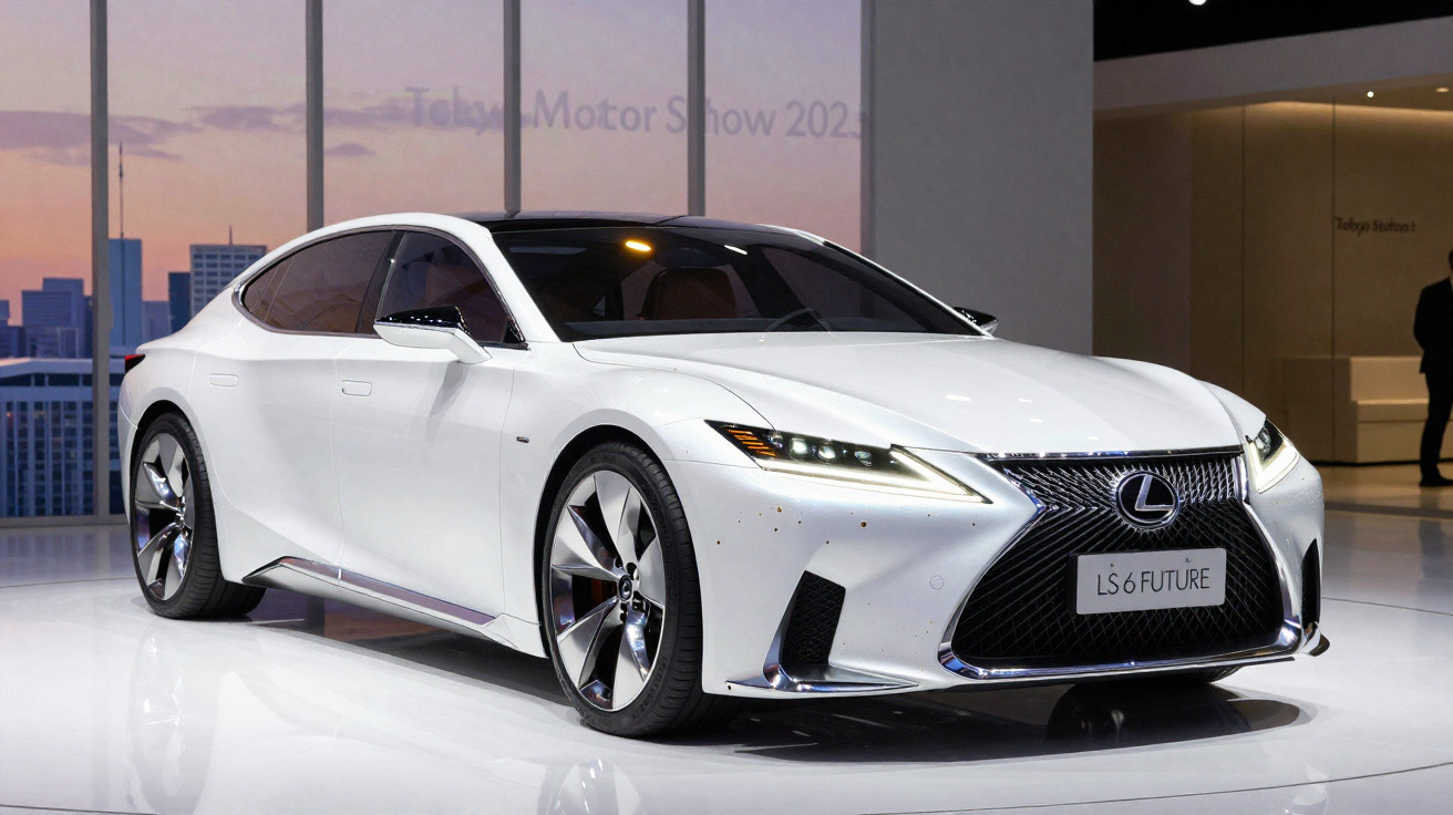 Carro eléctrico Lexus LS 6 Future branco exposto no Tokyo Motor Show com design futurista.
