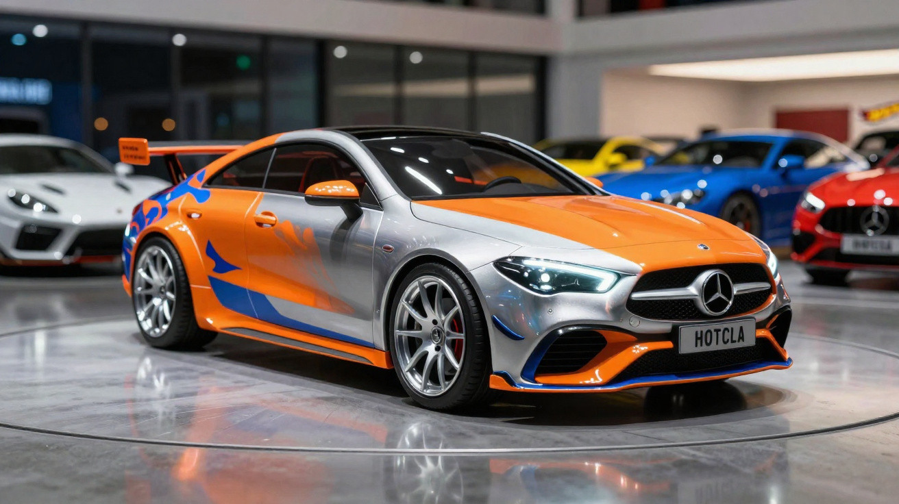 Carro desportivo Mercedes-Benz prata e laranja com detalhes azuis exposto num salão automóvel.