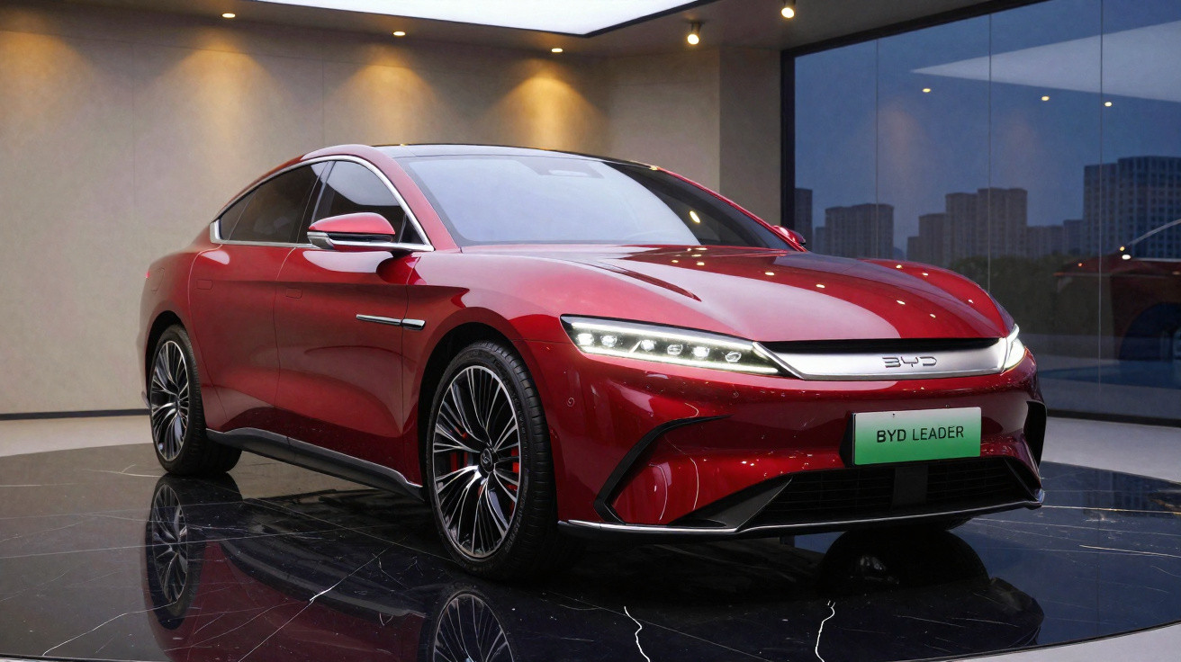 Carro elétrico desportivo BYD Leader vermelho em exposição num salão moderno com chão brilhante.