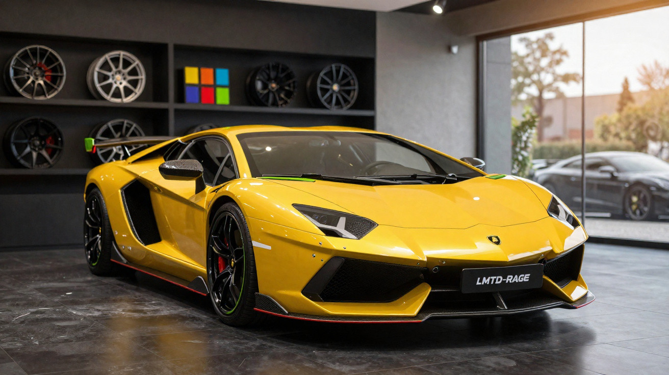 Carro desportivo amarelo estacionado numa garagem com rodas expostas na parede ao fundo.