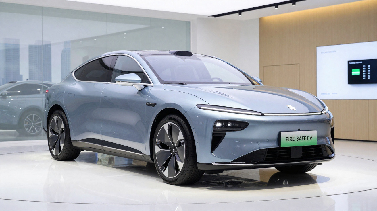 Carro elétrico cinza de luxo estacionado em exposição com placa verde "FIRE-SAFE EV".