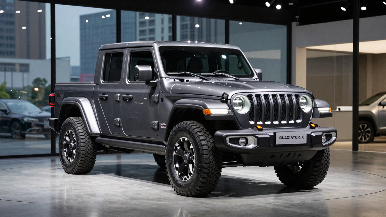 Jeep Gladiator-X cinzento estacionado em showroom com design robusto e jantes grandes preto e prateadas.