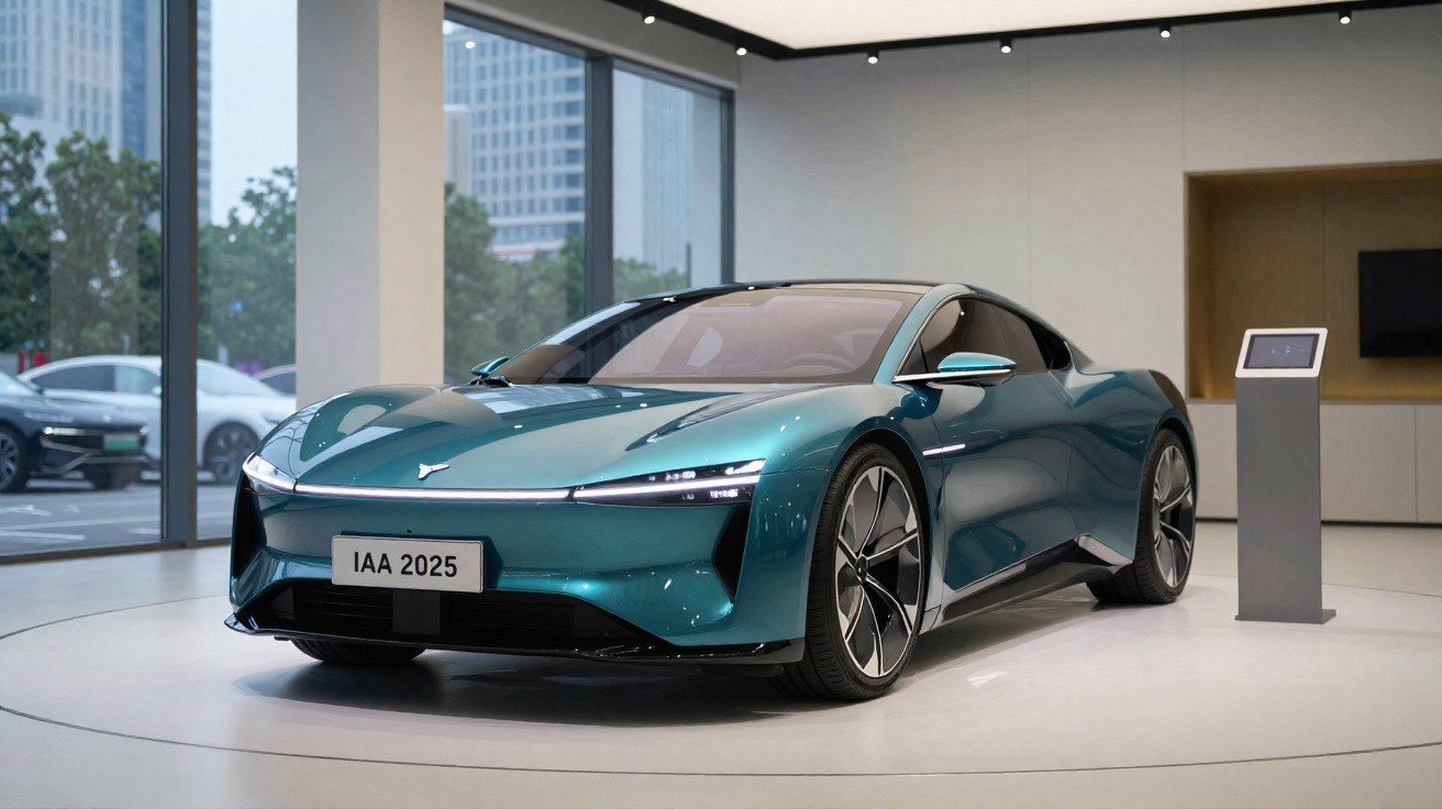Carro elétrico azul futurista exposto em sala moderna com janelas grandes e chão branco.