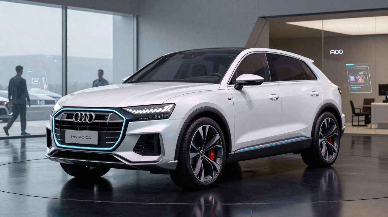 SUV Audi branco moderno em exposição num salão com pessoas ao fundo e iluminação suave.