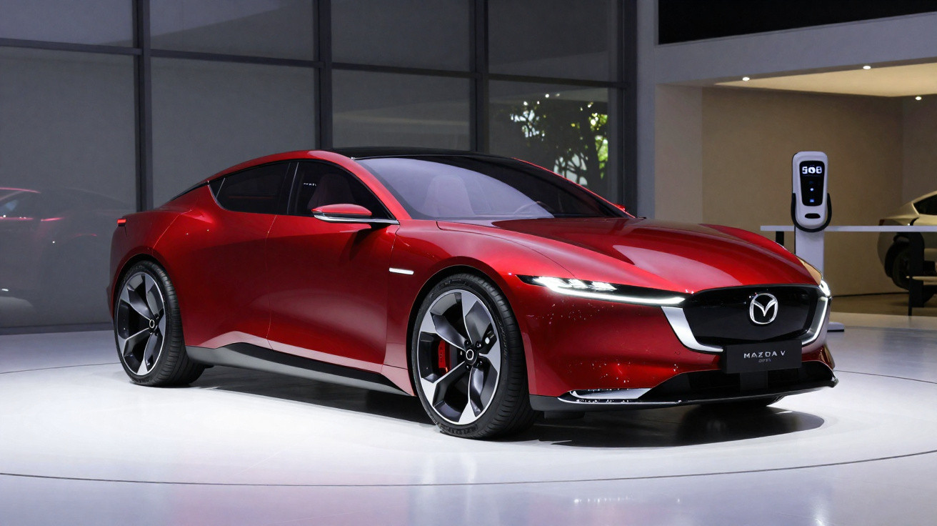 Carro desportivo elétrico Mazda vermelho com linhas aerodinâmicas em exposição num salão moderno.