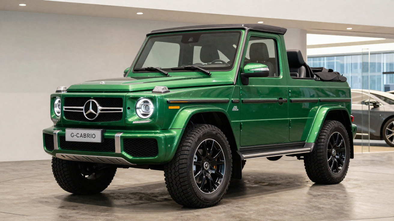 Veículo Mercedes-Benz G-Cabrio verde metálico com capota aberta em ambiente interior.