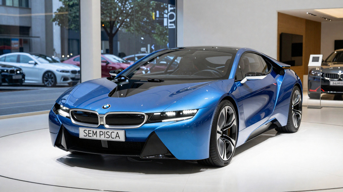 Carro desportivo azul BMW i8 exposto numa sala de showroom moderna e iluminada.