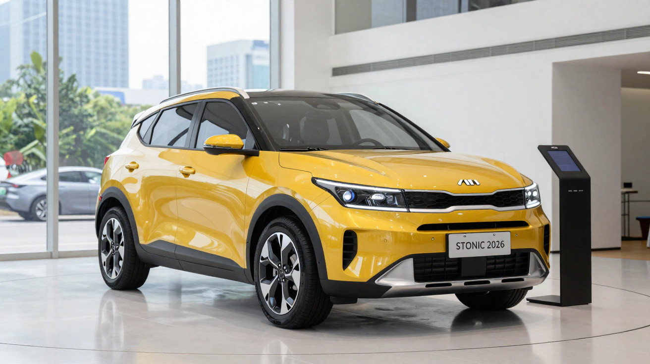 Automóvel SUV amarelo Kia Stonic 2026 estacionado dentro de showroom moderno.